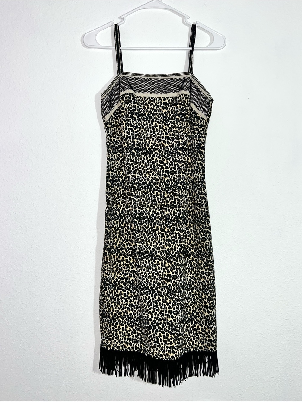 Vintage Y2K Rampage Leopard Animal Print Fringe Hem Midi Slip Dress Size 7